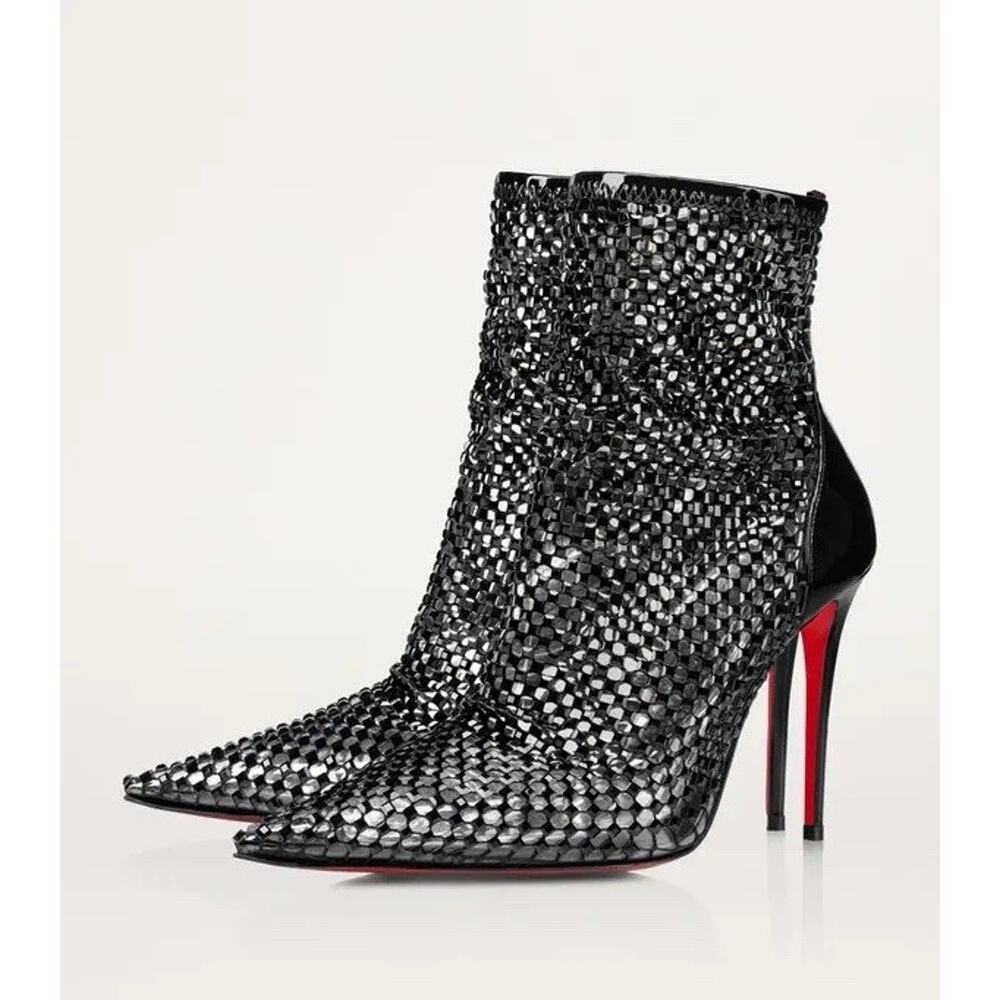 Christian Louboutin $3595 Kate Max 100 Crystal Mesh Cage Boot Black Patent 38